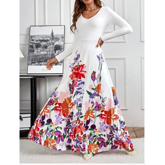 White V-Neck Long Sleeve Floral Print Maxi Dress - Picture 3 of 7